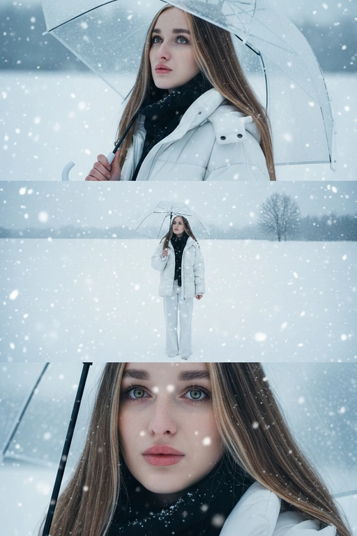 Создай вертикальный кадр, разделённый на три горизонтальных изображения одинакового размера, расположенных рядом. Главный персонаж основан на референсном лице, причёске и фигуре: фигура с выражением грусти и ностальгии, с глубокими глазами, излучающими одиночество. Наряд представляет собой свободный белый зимний пуховик, широкие брюки и чёрный шарф. Общая атмосфера утопает в белом снеге, холодная цветовая палитра навевает меланхолию и одиночество. Изображение 1 (портрет): Персонаж держит прозрачный зонт, слегка откинув голову назад и глядя прямо в кадр через плечо. Выражение лица печальное, взгляд проникновенный. Фон размыт снежной белизной. Изображение 2 (в полный рост): Персонаж с зонтом стоит один на бескрайнем заснеженном поле, идя и глядя в небо. Камера направлена ​​сверху вниз, как будто персонаж поднимает руку, чтобы поймать падающие снежинки. Вдали виднеются несколько голых деревьев без листьев. Сцена передаёт ощущение ничтожности и изолированности на фоне бескрайности природы. Изображение 3 (крупный план): Увеличенный кадр глаз персонажа с отстранённым, печальным взглядом, вызывающим чувство одиночества и тоски.
