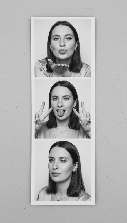  Используя мою фотографию в качестве референса для лица и волос, не изменяя исходные черты лица и сохраняя верность моим физическим характеристикам, создайте ленту из фотографий в ч/б с тремя вертикальными белыми рамками. Лента выглядит так, будто лежит на столе или фоне. Фотографии выглядят профессионально , как будто из настоящей фотобудки. 

В каждой рамке по центру расположены портрет и фотография погрудной проекции одного и того же человека. Взгляд прямо в камеру.

Общая эстетика винтажная, с лёгкой зернистостью и выцветшим качеством, напоминающая классическую аналоговую фотографию. Но при этом изображение выполнено в высоком разрешении. На светло-сером фоне видны едва заметные следы пыли и царапин. Лица человека на белом фоне. 
НЕ ИЗМЕНЯЙТЕ МОЁ ЛИЦО. На верхнем фото девушка посылает зрителю воздушный поцелуй, поднеся правую руку ко рту и слегка поджав губы. Выражение её лица игривое и дружелюбное.  На среднем фото девушка мило и игриво показывает знак мира, высунув язык. Брови слегка приподняты. На нижнем фото девушка позирует, отвернувшись к плечу, смотрит прямо в камеру с более спокойным и уверенным выражением лица. Губы мягко сжаты, взгляд прямой и чувственный. ОДЕЖДА: На ней маленькие серьги-кольца и изящное ожерелье с символом бесконечности поверх светлого атласного или шёлкового топа. На ней естественный макияж, включая глянцевый блеск для губ, лёгкую подводку для глаз и кукольные нарощенные ресницы, без излишеств. У неё квадратный французский маникюр. 