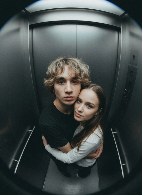 Используй предоставленные изображения и создай фото с двумя людьми в лифте с металлическими стенами. Цветовая гамма с преообладанием серых металлических оттенков. Кадр снят с максимально верхнего ракурса, люди будто заглядывают в камеру, их головы подняты наверх, взгляд в камеру. Легкий эффект fish eye. Реалистичное фото. Зернистость пленочного фото, насыщенные цвета, стиль фото y2k. Сохрани черты лица людей. Они обнимаются.