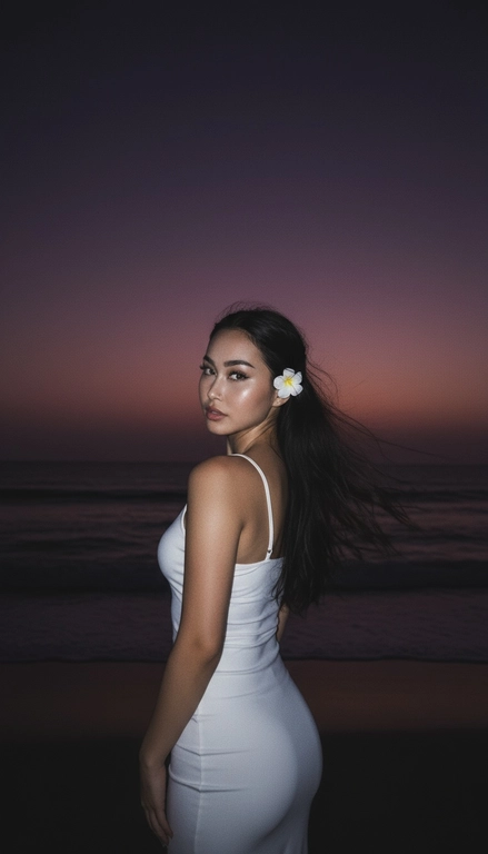 Сделай фото, будто я на пляже, где темно, но кто-то сфотографировал меня со вспышкой, и мое лицо немного блестит и светится, заднем плане закат, как будто солнце село на 98%, оставив фиолетовый оттенок, и само по себе почти темно. Фото сделано из-за моей спины, как будто  мне сказали, повернуться. Я в белом облегающем платье с цветком, заправленным в волосы. Волосы должны развеваться так, как будто дует слегка ветер.