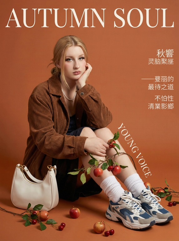   editorial magazine cover, fictional  female model seated on the floor hugging her knees, chin resting on one hand, calm direct gaze; center-part hair tied low with a few loose wisps; wardrobe: oversized brown corduroy jacket layered over dark dress/skirt, white scrunched socks, chunky fashion sneakers in blue/white/grey; accessories & props: short pearl necklace, white hobo bag with gold hardware placed near the left foot, branches of small red apples/cherries with green leaves wrapping around her legs and scattered on the floor; background: warm terracotta/red-brown seamless paper, soft diffused studio light, gentle falloff, subtle shadow; composition: large headroom for masthead, subject low in frame, vertical 3:4; graphic design overlay: huge elegant serif masthead at the top (non-branded faux lettering), slim cover lines on the right in East Asian glyph style (nonsense text), a diagonal vertical callout reading “YOUNG VOICE” in faux type; photorealistic, magazine-quality retouch, rich color grading; negative: no real magazine names, no recognizable logos or letters, no watermark, no celebrity likeness
