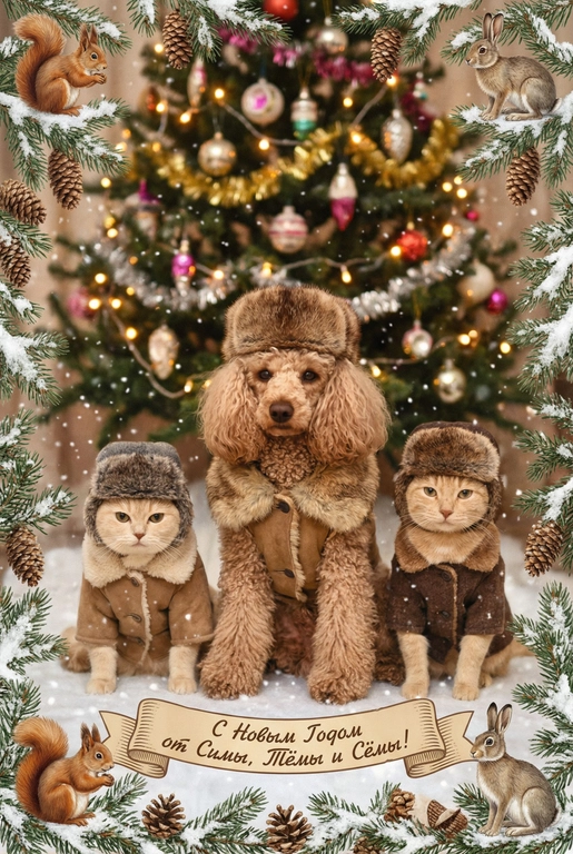   создай новогоднюю фотографию в стиле советского фильма: лица максимально похожи на исходное фото, на улице, в старой зимней одежде (пальто/шуба с меховым воротником, меховая шапки из ондатры или норки). Идёт снег. На фоне размытая украшенная советскими стеклянными игрушками ёлка с гирляндами и тёплыми огоньками. Внизу бежевая декоративная лента с надписью. Рамка по краям из еловых веток со снегом, добавить шишки, белочек и зайчиков. Атмосфера уюта и ностальгии, мягкие кистевые мазки, тонкая плёночная зернистость, мягкая глубина резкости. Надпись на ленте: "С Новым Годом от Симы, Тёмы и Сёмы!"