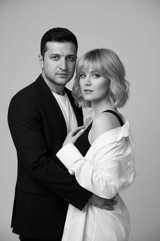Черно-белый портрет мужчины и женщины в стиле фэшн фотосессии в фотостудии. Не изменяйте лица. Фон нейтральный, однотонный, светло-серый. Атмосфера интимная и спокойная. На переднем плане женщина. Вся композиция выполнена в приглушенной монохромной гамме со студийным освещением, которое подчеркивает текстуру кожи и одежды. Её руки лежат на груди мужчины. Мужчина обнимает женщину сзади, положив свою руку поверх её руки. Она одета в черный топ, белую оверсайз рубашку. Мужчина одет в  классическом черном пиджаке и белой футболке.