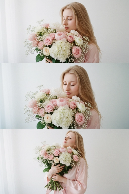 Не меняй черты лица, оставь их точь в точь как на загруженном фото, в том числе макияж и волосы.
Композиция из триптиха изображает женщину дома с цветами
На ней свободная пижама кимоно в пол нежно розового цвета.

На верхнем кадре портрет крупным планом, женщина смотрит в камеру лицо боком в руках у неё огромный букет. На заднем плане светлая стена размыты.

На центральном кадре сверхкрупный план, та же девушка, ее голова слегка наклоненная вперед, она принюхивается к букету, ее глаза закрыты, на лице легкая улыбка.  Кадр снятый с очень близкого расстояния, видно только часть огромного букета и лица  

На нижнем кадре портрет крупным планом изображена всё та же женщина, голова запрокинута вверх глаза закрыты, прижимает все тот же огромный букет к груди

Цветовая палитра приглушена, с нежными розовым, белым
Общий стиль наводит на романтику. Присутствует видимая зернистость.  Букет цветов - разные цветы