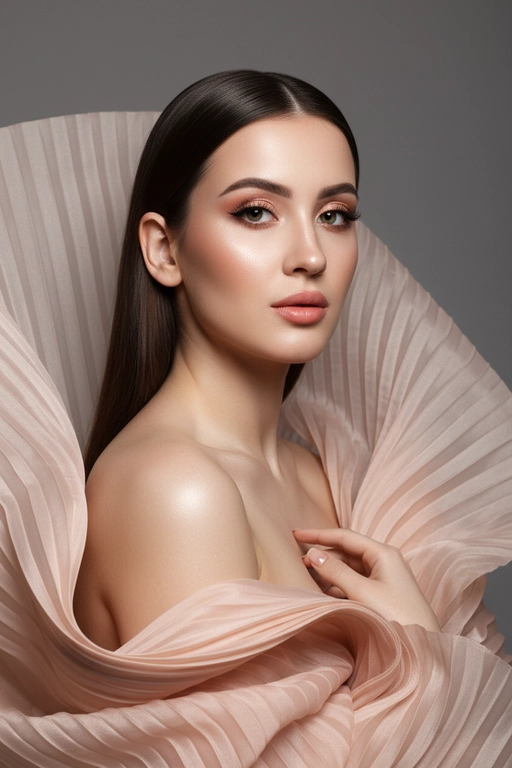    Создайте гиперреалистичный профессиональный студийный портрет женщины с волосами, уложенными на ровный пробор посередине, которые каскадом ниспадают на левое плечо (справа от зрителя) и частично скрыты за правым плечом (слева от зрителя). Камера снимается с немного низкого уровня глаз, глядя прямо на модель, охватывая ее от середины груди и выше. Голова слегка наклонена, взгляд прямой и притягательный.
Ее кожа безупречно гладкая и интенсивно сияет, словно подсвеченная мощным, сфокусированным источником света, подчеркивая мельчайшие поры и естественную текстуру кожи с сияющим, почти воздушным свечением, особенно в области декольте, плеч и верхних линий лица.

Её макияж тщательно проработан:
Глаза: чётко очерченные, ухоженные брови с заметными волосками, мягкие тени тёплых тонов (персиково-розовые и светло-коричневые) с лёгким мерцанием, чёткая чёрная подводка для глаз, создающая нежный кошачий взгляд, и идеально распущенные, объёмные ресницы, подчеркивающие каждую ресничку, с лёгким акцентом на нижних ресницах. Во внутреннем уголке глаза выделяется яркий блик. Радужки глаз отражают рассеянный студийный свет с изысканными узорами.
Щёки: лёгкий, растушёванный румянец натурального розового или персикового оттенка, изящно очерченные скулы и интенсивный, почти влажный блик на выступающих частях лица (скулы, переносица, дуга Купидона), создающий эффект увлажненности и сияния. Губы: губы нежного, естественного кораллово-розового или розово-персикового цвета с мягким атласным финишем, подчеркивающим тонкие естественные линии и текстуру губ, с лёгким бликом на дуге Купидона.

Она изящно одета в объёмную, струящуюся ткань с изящной плиссировкой, напоминающую прозрачный атлас или шёлк. Плиссированная ткань эффектно обрамляет фигуру, создавая объёмную, почти органичную форму, которая высоко поднимается за головой и огибает левое плечо (правое для зрителя), изящно струясь по груди и открывая обнажённые плечи. Материал обладает лёгким, сияющим блеском и мягкой полупрозрачностью, улавливая и отражая студийный свет, подчёркивая его роскошную текстуру и плавные движения. Складки очень детализированы, создавая глубокие тени и яркие блики, которые подчёркивают волнистую форму, а некоторые участки ткани также демонстрируют повышенную светоотражающую способность. Её правая рука (левая для зрителя) нежно касается ткани у груди, на ней видны ухоженные ногти. Освещение выполнено по принципу софтбокса, но с более сильным, концентрированным основным светом для создания интенсивного свечения, сохраняя при этом мягкие тени, которые подчёркивают черты её лица и изгибы плеч без резкости. Фон — гладкий, однотонный средне-серый, обеспечивающий чистый контраст и полностью фокусирующийся на модели. Общее впечатление — утончённая элегантность, изящество и гиперреалистичная детализация, передающая каждый нюанс её красоты, выражения лица и сложную текстуру её волос, кожи и одежды. Черты лица и особенности её внешности должны быть точно воспроизведены с референсной фотографии. Плиссированная ткань нежного, приглушённого персикового или пыльно-розового цвета