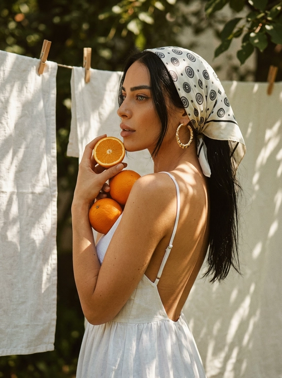 Transfer the face from the photo identically. Shoulder-up side profile portrait outdoors next to white linen sheets hanging on a clothesline with wooden clothespins. The woman wears a light summer dress with thin straps and an elegant open back revealing the shoulders. Her head is wrapped in a white headscarf with a small repeating circular black print tied behind the head. Large textured gold hoop earrings.Pose with chin slightly lifted while holding a half orange near the face and two whole oranges resting against the shoulder and chest.Natural sunlight filtered through tree leaves creates soft dappled shadows on the skin and fabric.Warm vintage analog film color grading with slightly muted greens and rich citrus orange tones, subtle film grain, gentle softness and highlight bloom, shallow depth of field, cinematic lifestyle photography.