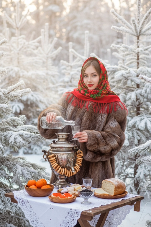  Создай насыщенный, атмосферный, зимний портрет на улице. Я нахожусь в заснеженном лесу, окруженном елями, и стою за столом, накрытым для традиционного чаепития. На мне надета большая, пушистая, роскошная, дорогая, шуба из натурального баргузинского соболя, яркий русский платок (павлопосадский платок) красного цвета, повязанный на голову, с акцентом на красной помаде. Я смотрю в камеру .На столе стоит старинный серебряный самовар, украшенный связками золотистых баранок, а также миски с мандаринами, русскими сладостями, бутерброды с красной икрой, черная икра в маленькой миске, нарезанный батон.
Зимний лес, всё покрыто инеем и мягким снегом. Качество: реалистичная фотография, кинематографический свет, мягкое боке, теплый тон, детальная проработка меха и узоров на платке.
  Правой рукой я наливаю прозрачную жидкость из большой хрустальной бутылки в маленький стеклянный бокал. 