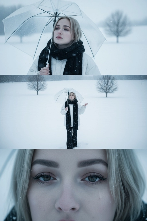 Создай вертикальный кадр, разделённый на три горизонтальных изображения одинакового размера, расположенных рядом. Главный персонаж основан на референсном лице, причёске и фигуре: фигура с выражением грусти и ностальгии, с глубокими глазами, излучающими одиночество. Наряд представляет собой свободный белый зимний пуховик, широкие брюки и чёрный шарф. Общая атмосфера утопает в белом снеге, холодная цветовая палитра навевает меланхолию и одиночество. Изображение 1 (портрет): Персонаж держит прозрачный зонт, слегка откинув голову назад и глядя прямо в кадр через плечо. Выражение лица печальное, взгляд проникновенный. Фон размыт снежной белизной. Изображение 2 (в полный рост): Персонаж с зонтом стоит один на бескрайнем заснеженном поле, идя и глядя в небо. Камера направлена ​​сверху вниз, как будто персонаж поднимает руку, чтобы поймать падающие снежинки. Вдали виднеются несколько голых деревьев без листьев. Сцена передаёт ощущение ничтожности и изолированности на фоне бескрайности природы. Изображение 3 (крупный план): Увеличенный кадр глаз персонажа с отстранённым, печальным взглядом, вызывающим чувство одиночества и тоски.