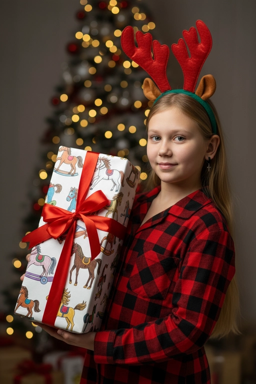 Используйте отправленную мной фотографию в качестве референса. Камера снимается немного выше уровня глаз, глядя прямо на модель, охватывая от середины груди и выше.  На изображении человек держит подарочную коробку  (размер 50х500х50 сантиметров) с крышкой, перевязанную красной лентой. На коробке нарисованные игрушечные лошадки. На фоне размытая рождественская или новогодняя елка. Лицо в три четверти (3/4), Модель в красной пижамной рубашке в клетку. Смотрит в камеру с легкой улыбкой, как будто предвкушая открыть свой подарок. 

Освещение выполнено по принципу софтбокса, но с более сильным, концентрированным основным светом для создания интенсивного свечения, сохраняя при этом мягкие тени, которые подчёркивают черты лица человека. 
Гиперреалистичная детализация, передающая каждый нюанс красоты, выражения лица и сложную текстуру волос, кожи и одежды. Атмосфера новогоднего праздника.  На голове у ребенка рождественский ободок с коричневыми оленьими рогами
Не меняй черты лица 