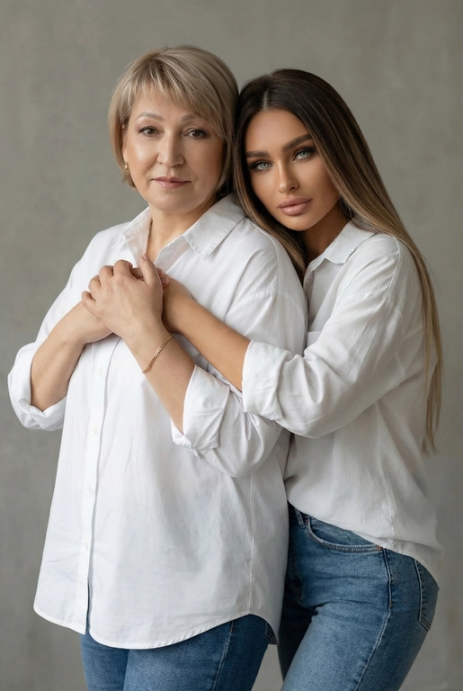 Используй эти два фото мамы и дочери и создай для них студийный портрет в чистом и элегантном стиле. Они стоят рядом, очень близко друг к другу. Дочь мягко обнимает маму за руку и слегка к ней прижимается со спины. Мама сложила руки перед грудью. Образ минималистичный, современный и стильный. На руке у матери тонкий золотой браслет. Профессиональный макияж и прическа.  Не менять черты лица ни на 1 процент. Фон — нейтральный серый с мягкой текстурой. Освещение рассеянное, мягкое, подчёркивающее естественные тона кожи. Атмосфера тёплая, нежная и спокойная, в стиле журнальной съёмки. Обе в свободных стильных белых рубашках с подвернутыми рукавами и джинсах.
Максимально сохранить лица в оригинале 