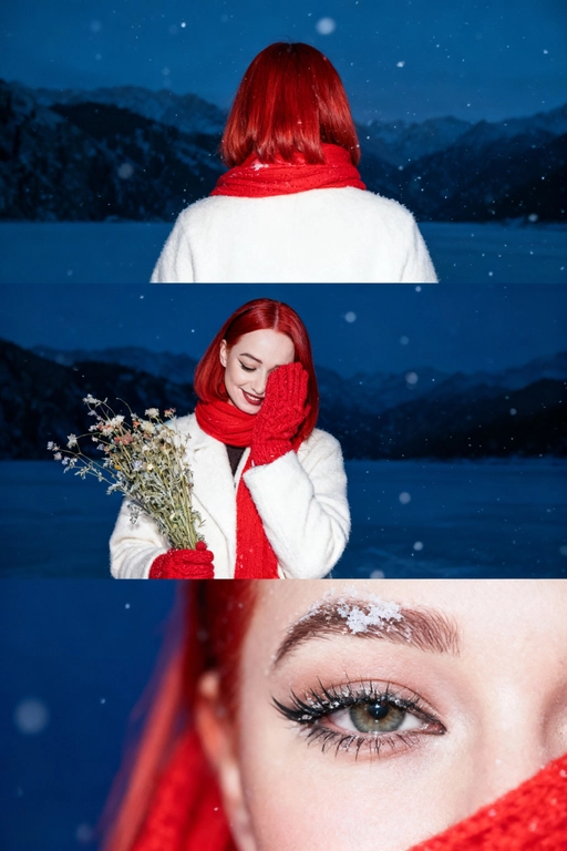 Создай коллаж не меняя черты лица. Кинематографический зимний коллаж из трёх кадров: девушка на фоне заснеженных гор и замёрзшего озера, мягкий вечерний свет, холодно, падает снег. На ней белое шерстяное пальто и ярко-красный шарф, в руках букет зимних полевых цветов. Первый кадр — со спины, её волосы и красный шарф выделяются на фоне темно-синего неба и гор; второй кадр — человек стоит на фоне темно-синего неба, улыбается, смотрит вниз, в одной руке букет, второй рукой прикрывает лицо. На руках красные вязаные перчатки. атмосфера лёгкости и свежести. на ней белое шерстяное пальто и ярко-красный шарф; третий кадр — очень крупный портрет на фоне темно-синего неба, взгляд в камеру, на ресницах снег, мягкий румянец, естественный макияж. Видно часть шарфа. Акцент на глаза. Настроение — романтичное, зимнее, немного меланхоличное, стиль — реалистичный, кинематографический, контраст белого снега и красных акцентов. Все фото сделаны ночью со вспышкой. Пленочная фотография.
