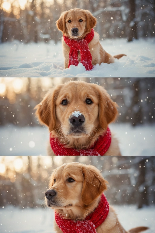     Коллаж из 3-Х фото моего питомца на зимнем фоне в снегу. Питомец в вязаном шарфе, вокруг падает снег, на заднем плане заснеженный лес.

Первый кадр — питомец в полный рост. Он играется со снегом 

Второй кадр — крупный план, увеличенный кадр мордочки питомца с одной снежинкой на носике. Мордочка питомца занимает весь кадр, взгляд прямо в камеру 
 
Третий кадр - портрет питомца, он смотрит в левую сторону. На фото виден шарф, на шарфу есть снежинки 

Три кадра объединены в вертикальный коллаж в едином тоне и свете. Атмосфера — реалистичная, теплая и немного кинематографичная.
Свет мягкий, утренний.  Цвет шарфа - красный 