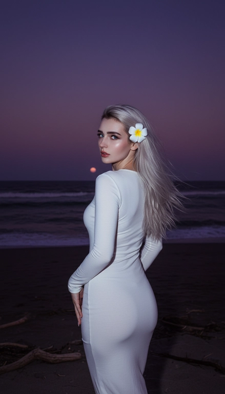 Сделай фото, будто я на пляже, где темно, но кто-то сфотографировал меня со вспышкой, и мое лицо немного блестит и светится, заднем плане закат, как будто солнце село на 98%, оставив фиолетовый оттенок, и само по себе почти темно. Фото сделано из-за моей спины, как будто  мне сказали, повернуться. Я в белом облегающем платье с цветком, заправленным в волосы. Волосы должны развеваться так, как будто дует слегка ветер.