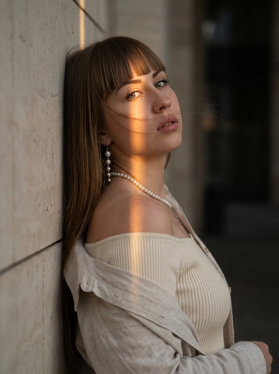 Luxury editorial portrait, кадр по плечи. Женщина стоит вплотную к светлой каменной стене.
Стена находится строго за её спиной и слева в кадре. К стене прижаты верхняя часть спины и левое плечо. Женщина стоит к камере боком, корпус развернут вправо в 3/4, грудь направлена от стены в сторону камеры. Голова резко повернута назад к камере и слегка наклонена вниз. Взгляд в камеру, губы слегка приоткрыты, выражение спокойное, уверенное. На ней молочный плотный топ в рубчик с открытыми плечами, сверху светлая льняная рубашка спущена с плеч. жемчужная нить на шее, длинная серьга с жемчугом. Волосы: несколько прядей слегка раздувает вечерний ветер, перекрывают лицо.
Тёмный закатный golden hour: узкая вертикальная полоса тёплого света освещает один глаз, часть лба, нос, шею и плечо, остальное в тени. Тёмный архитектурный фон мягкий.