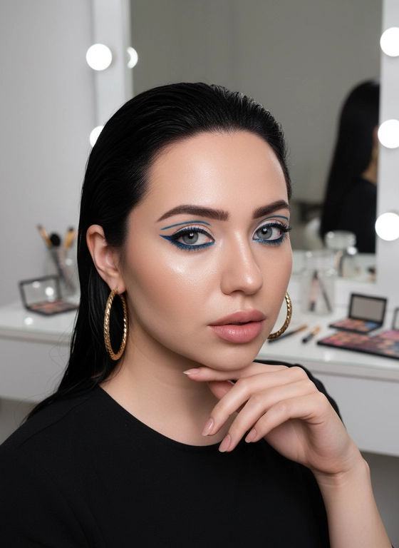 Создано с помощью сервиса Создать по своему фото и промпту

Промпт пользователя:
Do not alter facial identity. No text or logos in the image. Ultra-photorealistic studio beauty shoot in a stylish makeup artist’s space by a mirror, extreme close-up of face and shoulders, 9:16. The face is 100% identical to the reference, fully recognizable. Hard frontal camera flash with Y2K aesthetic, high contrast, crisp shadows, maximum sharpness.

She raises one hand elegantly, lightly supporting her chin in a refined pose, eyes looking directly into the camera, head slightly tilted. Long dense hair is slicked back with subtle wet strands framing the face. Makeup preserved: vivid blue graphic winged eyeliner, white inner-corner liner, thick lashes, neat brows, soft pink-nude matte lips. Skin appears dewy with strong specular highlights and visible sweat droplets. Large round gold ...

#женщина #студия #макияж #гламур #тренды #иисервис