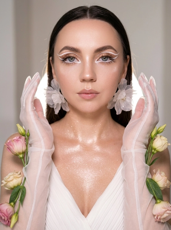Создай крупный портрет в стиле высокой моды, не меняя черты лица. Элегантный макияж глаз с длинными острыми белыми двойными изогнутыми стрелками, длинные густые ресницы эффект лучики, нижние густые ресницы накрашены белым, белый каял карандаш на нижнем веке, белый хайлайтер во внутренних уголках и на скулах. Тело и декольте подсвечены хайлайтером и шиммером. На ушах объемные полупрозрачные белые серьги-цветы. Высокая детализация текстур кожи и одежды. Лицо освещено ярким белым светом, изящный кадр с нежным светом, мягко обволакивающим фигуру и подчеркивающим пышные складки белого платья из тонкой плиссированной ткани, создающей легкость. В длинных полупрозрачных перчатках, добавляющих изысканности и загадочности. По запястьям из-под перчаток и по предплечьям живые цветы — розовые и кремовые бутоны эустомы и листья, контрастирующие с кожей и блеском перчаток. Лицо обращено к камере, выражение спокойствия и мечтательности, с влажной сияющей кожей. Равномерно светлый нейтральный фон акцентирует фигуру и детали, тени размыты, создавая атмосферу тепла и уюта. Композиция сосредоточена на верхней части тела и руках, подчеркивая грациозность и изящество, фотореалистичное изображение, высокая детализация, 8K, высокая контрастность. Девушка смотрит прямо в камеру.
