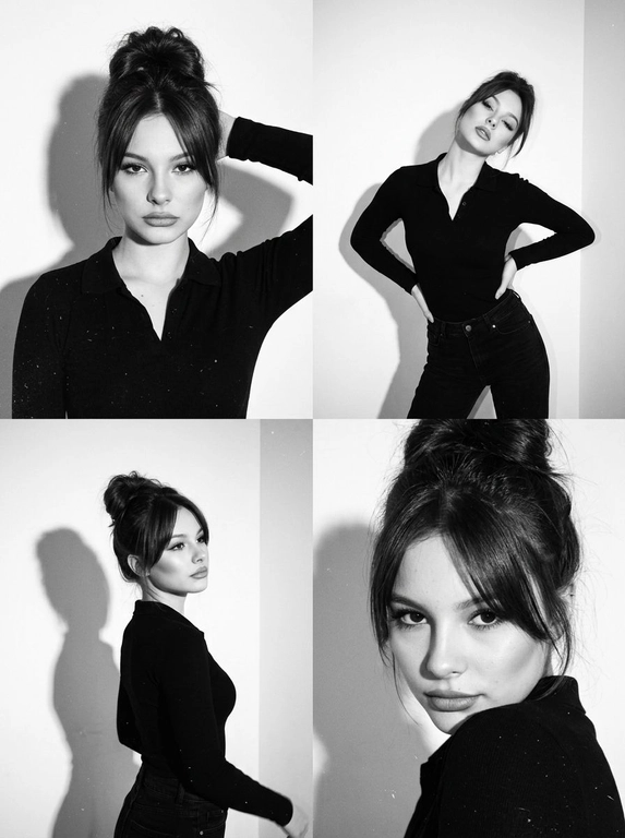 Коллаж ч/б, коллаж 2×2 из 4 ультрареалистичных фото. Стиль: ч/б, high contrast, эстетика плёнки 90-х (Pentax K1000 + Kodak Tri-X 400), заметное film grain. Свет: жёсткий студийный flash, чёткая тень на белой стене. Локация: минималистичная студия, белый фон. Модель: та же женщина (внешность не менять). Одежда: чёрный облегающий лонгслив-поло + чёрные джинсы. Макияж: matte sculpted — контуринг, пухлые губы с карандашом, густые ресницы, высокая детализация лица. Кадры: 1. верх-лево — портрет по грудь, рука за головой, прямой уверенный взгляд (Vogue 1995 vibe). 2. верх-право — план по бёдра, руки на талии, изогнутый корпус, голова назад или вбок, half-closed eyes. 3. низ-лево — полупрофиль в движении, разворот головы и корпуса, dreamy взгляд в сторону, тень профиля. 4. низ-право — close-up, голова к плечу, игривый взгляд исподлобья, фокус на глазах и губах. Не менять лицо и цвет волос. Фото сделано на iPhone 17 Pro Max со вспышкой.


Какая будет прическа?: Небрежный высокий пучок в стиле бомбшелл 90-х, объём у корней, удлинённая чёлка-шторка