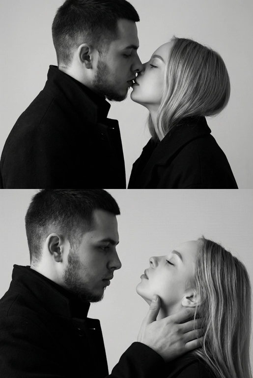   Не меняй внешность. Фотография представляет собой диптих (двойное изображение), выполненный в черно-белой гамме, который запечатлел пару в двух последовательных, нежных моментах. Общий стиль снимка — минималистичный и драматичный.
Верхний Кадр: Поцелуй
• Действие: Пара запечатлена в момент поцелуя.
• Мужчина: Слева, в профиль. Он одет в темное пальто или пиджак с высоким воротником. Его губы соприкасаются с губами женщины.
• Женщина: Справа, в профиль, с приподнятым подбородком, чтобы дотянуться до мужчины. У нее тонкие, изящные черты лица. Она одета в похожее темное пальто с воротником-стойкой.
• Эмоция: Кадр передает интимность и сосредоточенность на моменте соприкосновения.
Нижний Кадр: Нежность и Взгляд
• Действие: Мужчина и женщина смотрят друг на друга (или почти смотрят) на очень близком расстоянии.
• Мужчина: Слева, в профиль. Выражение его лица более серьезное и задумчивое. Он смотрит прямо на женщину.
• Женщина: Справа. Ее голова немного запрокинута, а глаза почти закрыты, что придает моменту большую чувственность.
• Взаимодействие: Рука мужчины (похоже, его правая рука) нежно поддерживает ее лицо сбоку, держа ее за челюсть/подбородок. Это движение подчеркивает заботу и глубокую эмоциональную связь между ними.
Общий Стиль и Композиция
• Цвет: Использование черно-белой палитры исключает отвлекающие цвета и усиливает драматизм, фокусируя внимание зрителя на контурах, текстурах и эмоциях.
• Одежда: Оба одеты в простые, темные вещи, которые гармонируют с общим настроением снимка.
• Фон: Однотонный, нейтральный, светлый фон (возможно, белая или светло-серая студийная стена), который создает сильный контраст с темной одеждой пары.
• Композиция: Диптих, разделенный горизонтальной линией, показывает два мгновения близости, создавая историю или последовательность.
Снимок производит впечатление элегантной, высококлассной модной или арт-фотографии, посвященной теме глубокой, серьезной любви и страсти.


