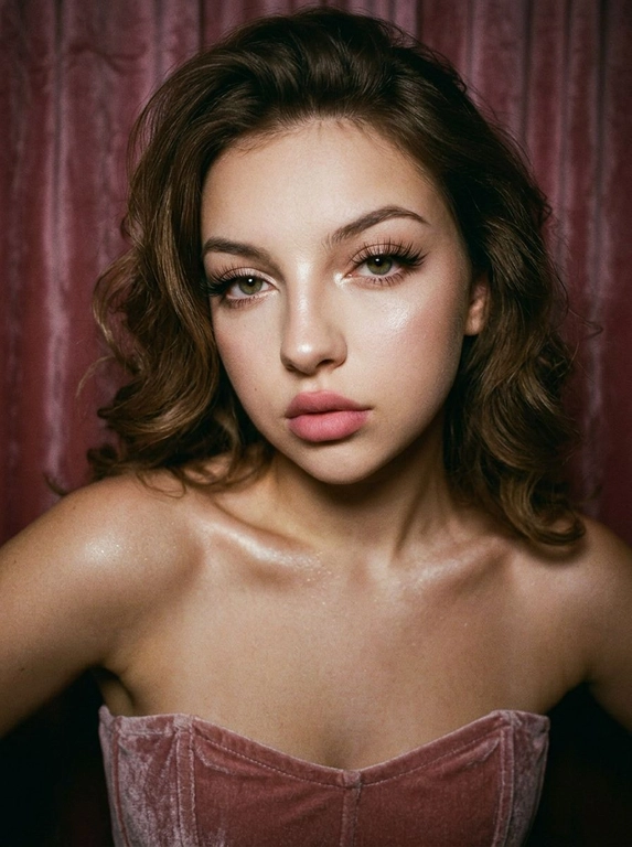 Создай фото согласно описанию, не меняй черты лица. На итоговом снимке частично видно лицо модели. Она смотрит в кадр, позирует как модель вполоборота, плечи выдвинула вперёд. На ней надет розовый бархатный корсет. На щеках, теле и в уголках глаз — хайлайтер. На глазах тонкие стрелки, длинные выразительные пышные ресницы создают эффект лисьего взгляда. Губы накрашены матовой помадой нежно-розового цвета в центре, подчёркивающей их. На заднем плане бархатная ткань пыльно-розового оттенка. Настроение мечтательное, с оттенком чувственности. Сильная плёночная зернистость, винтажная эстетика 90-х. Тени насыщенные и тёмные. Недостаток цифровой резкости. Освещение приглушённое. Ракурс прямой, экстремально крупный план лица. 

Какая будет прическа?: Волосы у неё уложены в объёмные распущенные волосы, уложенные в мягкие крупные волны.