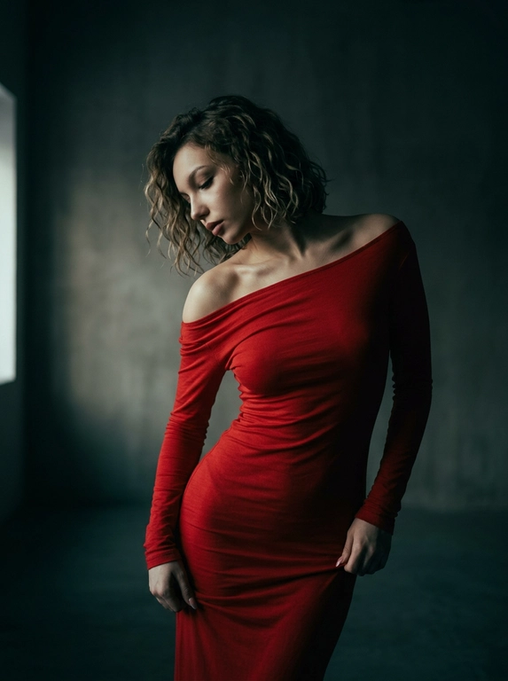 В минималистичной студии женщина в облегающем платье из тонкой ткани с длинными рукавами и спущенным одним плечом плавно выгибает корпус, голова склонена влево и опущена. Одной рукой она тянет подол у бедра. Жёсткий луч света слева подчёркивает ключицы и складки ткани, справа остаётся густая тень. Вертикальный кадр, средний план, лёгкий нижний ракурс, 50 мм, f/2.0.
Цветное изображение с глубокой, тёмной плёночной цветокоррекцией: приглушённые оттенки, холодные тени с лёгким сине-зелёным (teal) подтоном, тёплые, но сдержанные акценты кожи, мягкое выцветание светов, эффект киноплёнки, высокий контраст, деликатное плёночное зерно, кинематографическая атмосфера, 4K.

Какая будет прическа?: Короткие пляжные локоны 

Какого цвета будет платье?: Цвет платья на модели красное.