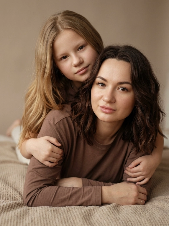 Создай студийный портрет родителя и ребёнка, максимально точно сохранив черты лица и выражения с референсных изображений. Не изменяй и не искажай лица, воспроизведи их с фотографической точностью.

Композиция:

Крупный план, ракурс на уровне глаз.

Родитель и ребёнок лежат на животе, расположены боком к камере.

Ребёнок лежит на спине родителя и мягко обнимает его за плечи.

Оба смотрят прямо в камеру, создавая тёплый и близкий зрительный контакт.

На родителе и ребёнке одинаковые коричневые лонгсливы без принтов и декора.

Естественный внешний вид, ровный тон кожи.

Мягкое студийное освещение, спокойная семейная атмосфера, натуральная текстура кожи, высокая детализация, максимальный фотореализм. Без ламп в кадре и прочего декора.

Формат 9:16.

Качество 8K.