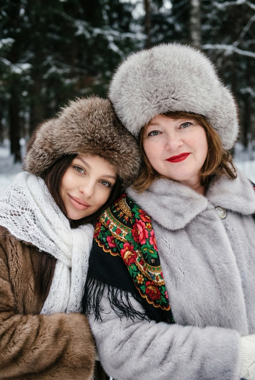 Создай кадр, который представляет собой теплый, уютный, слегка ностальгический зимний портрет в фэшн/фолк-стиле. Атмосфера спокойная, элегантная, дружеская близость двух моделей; сочетание высокой моды (мех, профессиональная ретушь) и фольклорной эстетики (вышитый шарф). Композиция и позирование: Форма кадра: портретный, вертикальный (соотношение примерно 3:4). Расположение: две женщины в центре кадра, тела и головы видны на груди; правая модель немного ближе к камере. Позы: девушки стоят близко друг к другу, левая модель слегка опирается на правую; плечи слегка повернуты к камере. Взаимодействие: мягкая улыбка, закрытое выражение лица, взгляд в камеру; дружелюбный, уверенный тон. Лица и макияж: Кожа: гладкая, естественная текстура, легкий эффект сияния. Глаза: аккуратные блики – оживляют взгляд; нейтральный/теплый макияж теней. Брови: естественная форма, слегка очерчены. Губы: у правой модели насыщенный матовый красный (центральный акцент), у левой – нежно-розовый нюдовый. Волосы: свободные пряди вокруг лица, несколько прядей с легкой волной для естественности. Шапки: большие пушистые меховые шапки с очень четко выраженной текстурой меха; справа – светло-серый мех, слева – коричневый мех. Форма: высокие, округлые, плотно сидят на голове, частично закрывают лоб – создают силуэт и рамку для лица. Верхняя одежда и текстуры: меховые пальто: густой натуральный мех у левой модели коричневый, у правой модели – светло-серый тон с видимым направлением волосков; богатая текстура и объем. У девушки справа на правом плече маленький платок с традиционным русским орнаментом – яркие цветы и листья, на фоне глубокого красного цвета с золотисто-терракотовыми, зелеными деталями; Тонкая бахрома ниспадает на ее плечо. У девушки слева на левом плече небольшой вязаный белый шарф с крупным ажурным узором, что добавляет контраста в текстуре и цвете. Окружение и фон: Лес: темные хвойные деревья, вертикальные силуэты стволов; снег на земле/вдали — размытый фон (боке).