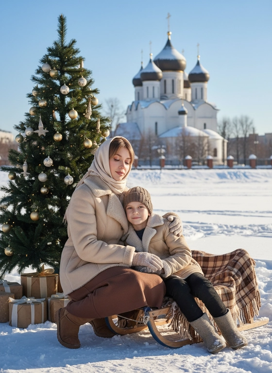 Ультрареалистичный портрет 8к
Кинематографический эффект с
Мама и сын 9 лет на деревянных саночках укрытых пледом у православной церкви зимой в Рождество
Рядом новогодняя елка
Мама присела на корточки и смотрит на сына.
сын прижимается к маме.
У мамы безупречная, сияющая естественная кожа с мягким матовым покрытием, тонкий и изысканный контур, безупречно ухоженные брови с естественные как на исходном фото, объемные ресницы, губы матовый нюд
Солнечно
Женщина в светлом платке и светлой дубленке, коричневой длинной юбке и на ногах зимние сапожки (угги),Мальчик,в шапке, бежевой дубленке, валенках и темных штанишках.
Не меняй черты лица людей , их цвет и длину волос, сделай фото, согласно возрасту. 