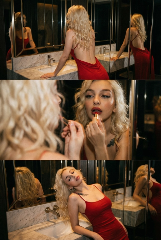 Создай не меняя черты лица. Экстремально реалистичный кинематографичный триптих, как живая серия фотографий из Instagram, снятая в зеркальном туалете дорогого ресторана. Вечер, интимная атмосфера, отражения в зеркалах, приглушённый свет, ощущение роскоши и ускользающего момента. Весь триптих объединён одним образом и единым настроением, с лёгким зерном, как будто кадры сняты в движении, естественно. В верхней части женщина стоит спиной облокотившись на раковину рукой, лицо в тени спина освещена, в отражениях зеркал видна её фигура, на ней одно и то же красное платье с открытой спиной, ткань струится и выглядит дорого, чувственно. Свет мягко скользит по плечам и линии спины, создавая глубокие тени и драматичный силуэт. В средней части экстремально близкий ракурс лица через зеркало, женщина смотрит на своё отражение и поправляет помаду, жест живой и естественный. Лицо частично в фокусе, частично слегка размыто, ощущение движения и дыхания кадра. Пышные ресницы, выразительный взгляд, блики света в зеркале, локоны из пучка падают на лицо, добавляя интимности. В нижней части девушка запрокинула голову и облокотилась о раковину, глаза закрыты, поза расслабленная, уязвимая, словно она на секунду выпала из шумного вечера. Платье то же самое, красное, ткань ловит приглушённый свет, усиливая глубину цвета и теней. Во всех кадрах приглушённое освещение, cinematic lighting, мягкие тени, отражения зеркал, лёгкое зерно и небольшой motion blur без резкой чёткости и глянца. Цвета глубокие, насыщенные, но сдержанные. Общий стиль ультрареализм, кинематографическая эстетика, эффект настоящего Instagram-триптиха, ощущение пойманного момента, живо, чувственно и очень реалистично, как кадры из личного архива.
Не меняй черты лица. Очень длинные изящные волнистые волосы, несколько локонов свободно падают на лицо и шею. 