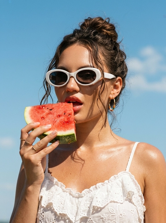 Фотореалистичный летний fashion-портрет, плёночная редакторская эстетика. Крупный план в 3/4, кадр по плечи и верх груди, камера чуть снизу, лицо в верхней части кадра на фоне неба, вертикальная ориентация. Женщина подносит крупный ярко-красный ломоть арбуза, который держит одной рукой у губ; губы слегка приоткрыты, голова чуть приподнята, взгляд в камеру, выражение чувственное, лёгкое летнее настроение. Образ: белый кружевной топ с рюшами на тонких бретелях, золотые серьги с цветными бусинами, тонкие золотые кольца. Кожа загорелая, сияющая, с лёгким влажным блеском на солнце; макияж естественный: ровный светящийся тон, выразительные брови, мягкие тени, глянцевые губы. Фон: ясное ярко-голубое летнее небо с лёгкими белыми облаками. Свет яркий прямой полуденный солнечный, тёплый, создаёт глянцевые блики на коже и сочные тени, ощущение знойного дня. Тёплая плёночная цветокоррекция, слегка винтажная и приглушённая, мелкое плёночное зерно, насыщенные тёплые тона, контраст голубого неба и тёплой кожи, мягкий контраст, глянцевый летний редакторский вайб.

Какая будет прическа?: Волосы убраны наверх в небрежный пучок, у лица свободно вьются лёгкие кудрявые пряди, слегка влажные. 

Нужны ли на фото очки? : На глазах белые ретро-очки овальной формы