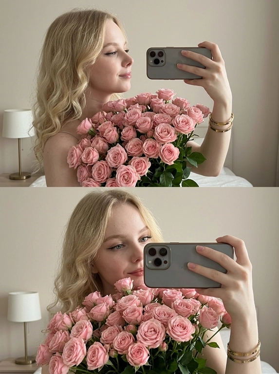 Коллаж из двух фотографий, формат 9:16, стиль селфи в зеркале. Эта женщина, аккуратный макияж с акцентом на глаза (четкая подводка, длинные ресницы), блестящие губы. В кадрах доминирует огромный, густой букет нежно-розовых кустовых роз.
Верхний кадр: ракурс сбоку, легкая улыбка, женщина держит телефон горизонтально, видны золотые браслеты.
Нижний кадр: фронтальный ракурс, женщина в основном скрыта за букетом, кокетливо выглядывает; женщина горизонтально держит современный смартфон в сером чехле с тройной камерой в центре.

Светлая минималистичная комната. На заднем плане размытая прикроватная лампа с мягким нейтрально-белым светом, светлая бежевая стена, часть кровати или мягкой мебели вне фокуса. Освещение мягкое, рассеянное, без желтизны, эстетика роскошного образа жизни в стиле Instagram/Pinterest, женственная и нежная атмосфера.

Доп. характеристики: Волосы кудрявые