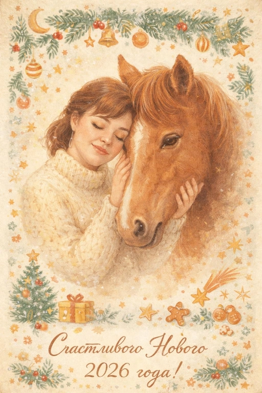 Создай новогоднюю открытку в сказочном, иллюстративном стиле.
Нежная живописная иллюстрация: человек в уютном вязаном свитере обнимает лошадь, прижавшись щекой к её морде. Лошадь спокойная, тёплого рыже-каштанового оттенка, с мягким выражением глаз.
Композиция центральная, фигуры по пояс, ощущение близости, тепла и доверия.
Фон светлый, кремовый, с текстурой старой бумаги.
Вокруг — декоративная рамка из звездочек и новогодних символов в стиле советских и европейских открыток середины XX века.
Цветовая палитра мягкая, пастельная: бежевые, молочные, карамельные, теплые коричневые оттенки.
Лёгкий эффект акварели, мягкие штрихи, ручная иллюстрация, без фотореализма.
Тонкое зерно, эффект печатной открытки, слегка выцветшие краски.
Атмосфера: уют, сказка, тепло, спокойствие, новогоднее чудо.
В нижней части открытки — надпись: «Счастливого Нового 2026 года!»
Шрифт рукописный, элегантный, винтажный, гармонично вписанный в композицию.