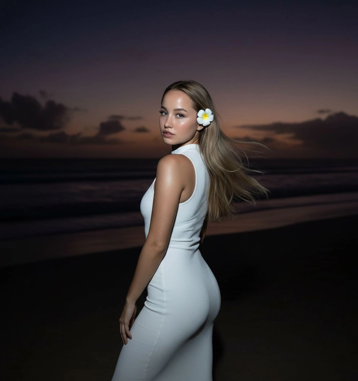 Сделай фото, будто я на пляже, где темно, но кто-то сфотографировал меня со вспышкой, и мое лицо немного блестит и светится, заднем плане закат, как будто солнце село на 98%, оставив фиолетовый оттенок, и само по себе почти темно. Фото сделано из-за моей спины, как будто  мне сказали, повернуться. Я в белом облегающем платье с цветком, заправленным в волосы. Волосы должны развеваться так, как будто дует слегка ветер.