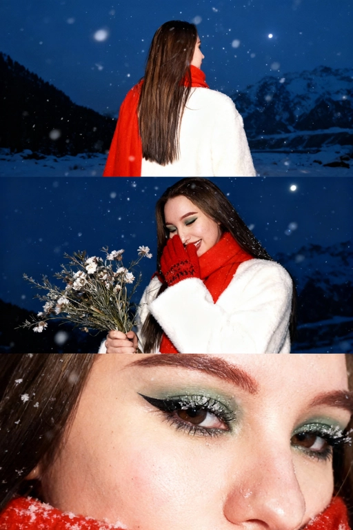 Создай коллаж не меняя черты лица. Кинематографический зимний коллаж из трёх кадров: девушка на фоне заснеженных гор и замёрзшего озера, мягкий вечерний свет, холодно, падает снег. На ней белое шерстяное пальто и ярко-красный шарф, в руках букет зимних полевых цветов. Первый кадр — со спины, её волосы и красный шарф выделяются на фоне темно-синего неба и гор; второй кадр — человек стоит на фоне темно-синего неба, улыбается, смотрит вниз, в одной руке букет, второй рукой прикрывает лицо. На руках красные вязаные перчатки. атмосфера лёгкости и свежести. на ней белое шерстяное пальто и ярко-красный шарф; третий кадр — очень крупный портрет на фоне темно-синего неба, взгляд в камеру, на ресницах снег, мягкий румянец, естественный макияж. Видно часть шарфа. Акцент на глаза. Настроение — романтичное, зимнее, немного меланхоличное, стиль — реалистичный, кинематографический, контраст белого снега и красных акцентов. Все фото сделаны ночью со вспышкой. Пленочная фотография.