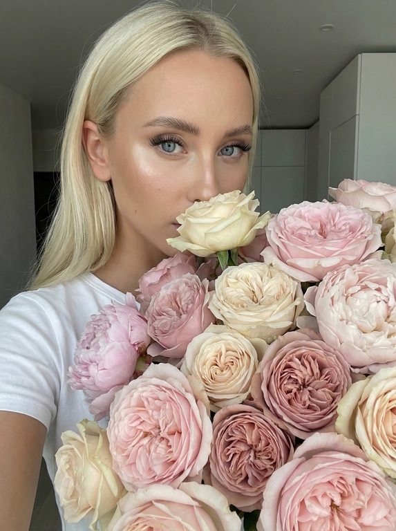   
An ultra-realistic close-up portrait of a young woman, partially obscured by a huge bouquet of roses, against the backdrop of a modernly renovated apartment. The frame is cropped from the forehead to the middle of the chest, so that her face and flowers take up almost the entire image. 
 
She has smooth skin with a natural glow; highlighter accentuates the upper cheeks and nose, giving them a dewy sheen. Her eyes are clear and very expressive, framed by thick, dark lashes and softly shaped, naturally arched brows. She looks directly at the camera over the flowers, creating intimate eye contact. 
 
Her hair is thick and straight, parted slightly off-center. It falls freely back from her face, with a touch of volume at the crown. She wears a simple white T-shirt, revealing only the neckline and a small portion of her shoulder, adding a minimalist touch and focusing attention on her face and the flowers. 
 
In front of her, she holds a large, lush bouquet of garden roses and peonies, so that the flowers cover almost everything from her nose down. Roses in varying shades of pale pink, soft pink, and cream, with some petals slightly tinted to a darker dusty pink at the edges. The flowers are fully open, with abundant petals and a wavy, romantic texture; some outer petals display delicate wrinkles and slight imperfections, enhancing the natural realism. Small patches of green stems and leaves peek through, but the composition is dominated by the soft cloud of petals. 
 
A single cream rose is positioned directly beneath her nose, as if she were gently inhaling its fragrance. The bouquet is exquisitely detailed: subtle color transitions, veining on the petals, and the way the petals catch the light, creating tiny highlights and shadows within each bloom are visible. 
 
The lighting is soft and even, with minimal shadows, as if the photo was taken with diffused natural light or a softbox. This highlights the model's skin and makes the pastel colors soft and gentle. The background gives the image a fresh, clean look—romantic, minimalist, and high-resolution.

