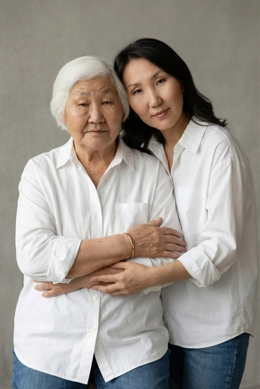 Используй эти два фото мамы и дочери и создай для них студийный портрет в чистом и элегантном стиле. Они стоят рядом, очень близко друг к другу. Дочь мягко обнимает маму за руку и слегка к ней прижимается со спины. Мама сложила руки перед грудью. Образ минималистичный, современный и стильный. На руке у матери тонкий золотой браслет. Профессиональный макияж и прическа.  Не менять черты лица ни на 1 процент. Фон — нейтральный серый с мягкой текстурой. Освещение рассеянное, мягкое, подчёркивающее естественные тона кожи. Атмосфера тёплая, нежная и спокойная, в стиле журнальной съёмки. Обе в свободных стильных белых рубашках с подвернутыми рукавами и джинсах.