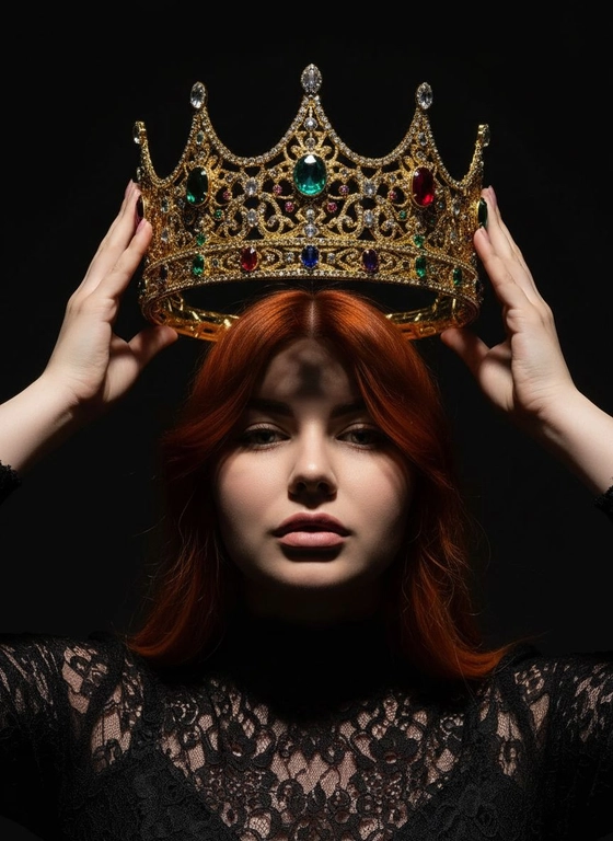 Модный портрет женщины крупным планом, стоящей прямо перед камерой, со слегка приподнятым подбородком. Она держит двумя руками почти над головой искусно выполненную корону с богатым филигранным орнаментом и крупными сверкающими драгоценными камнями. Корона находится в резком фокусе, отбрасывая тень на лицо. Освещение падает сверху, подчёркивая корону и создавая драматичный, контрастный эффект. Тёмная тень на лице усиливает ощущение таинственности и элегантности. Её платье – из тонкого чёрного кружева с высоким воротом. Фон темный, усиливая драматизм. Корона цвета желтого золота.