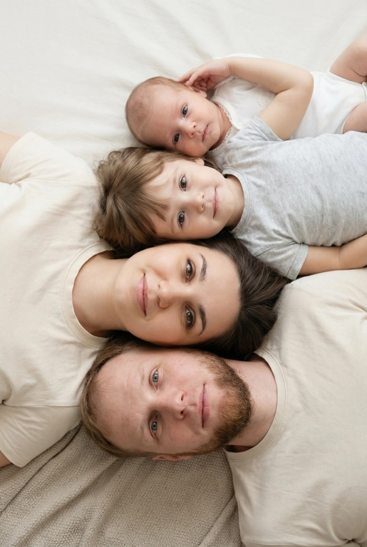 На основе предложенных фотографий, создай профессиональный студийный портрет для этих людей, снятый сверху (top-down, overhead shot). Сохрани настоящие лица, возраст и индивидуальные черты людей.
Композиция «снизу вверх», шахматный порядок:
﻿﻿самый старший человек находится внизу, как мягкая подушка, его голова опирается на нейтральную студийную поверхность (например, плед или подушка);
следующие люди аккуратно и легко расположены на старшем человеке в шахматном порядке, их голова слегка приподнята, без ощущения давления; ﻿﻿

Несмотря на шахматное расположение, головы выстроены строго в одну вертикальную линию, взгляд в камеру.
Расположи их по убыванию возраста.

Видны только головы и плечи. Выражения мягкие, спокойные, нежные. Одежда однотонная, светлая или нейтральная, элегантная, без чёрного цвета.
Фон - чистый студийный, без пола и лишних деталей, создающий эффект «воздушного» портрета.
Стиль и освещение:
Мягкий ровный свет сверху, минимум теней. Чистый фон; фотореализм, высокая детализация лиц, аккуратная текстура кожи; 8K.
 Студийная фотография.
Промпт пользователя:

На изображении цветная фотография, на которой запечатлены четыре человека, лежащие или склонившиеся друг на друге, лежать горизонтально.  Все смотрят в камеру.

👤 Детализация
Композиция: 

Люди расположены горизонтальной стопкой. Голова каждого человека лежит на голове того, кто находится под ним (или подбородки щеки прикасаются другого).

Люди:
Самый верхний :Мужчина с лёгкой улыбкой. Одет в светлую футболку. Лицо не менять. Оставить как на фото исходном виде.
Второй сверху : Женщина с легкой улыбкой. Одета в светлую футболку. Черты лица не менять лицо не менять.

Третий сверху Ребёнок (девочка 2,5 года) , смотрит прямо . Лицо не менять и черты лица не менять. Одета в светлую футболку. 

Четвёртый сверху (девочка 2 месяца): Ребёнок девочка Одет в светлую футболку. Лицо не менять черты лица не менять