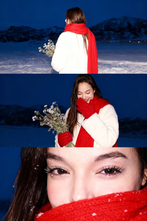 Создай коллаж не меняя черты лица. Кинематографический зимний коллаж из трёх кадров: девушка на фоне заснеженных гор и замёрзшего озера, мягкий вечерний свет, холодно, падает снег. На ней белое шерстяное пальто и ярко-красный шарф, в руках букет зимних полевых цветов. Первый кадр — со спины, её волосы и красный шарф выделяются на фоне темно-синего неба и гор; второй кадр — человек стоит на фоне темно-синего неба, улыбается, смотрит вниз, в одной руке букет, второй рукой прикрывает лицо. На руках красные вязаные перчатки. атмосфера лёгкости и свежести. на ней белое шерстяное пальто и ярко-красный шарф; третий кадр — очень крупный портрет на фоне темно-синего неба, взгляд в камеру, на ресницах снег, мягкий румянец, естественный макияж. Видно часть шарфа. Акцент на глаза. Настроение — романтичное, зимнее, немного меланхоличное, стиль — реалистичный, кинематографический, контраст белого снега и красных акцентов. Все фото сделаны ночью со вспышкой. Пленочная фотография.