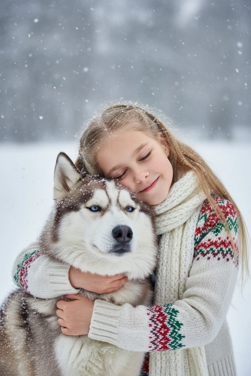 Соответствие лица: сохраняйте точные черты лица, структуру костей, разрез глаз, форму губ, текстуру кожи и оттенок по загруженной фотографии, максимально соответствует индивидуальности] -> Человек с мягкой улыбкой, полузакрытыми от счастья глазами -> нежно обнимает собаку, щека прижата к пушистой шее собаки, обе руки обвиты вокруг груди и шеи собаки, снежинки тают на шерсти и волосах., нежное, любящее выражение лица -> в кремово-белом толстом свитере скандинавской вязки с традиционным красно-зеленым рождественским рисунком на рукавах и воротнике,  в белом вязаном шарфе, свободно повязанном на шее -> на улице в сильный снегопад. В кадре видно морду собаки. Собака породы сибирский хаски.