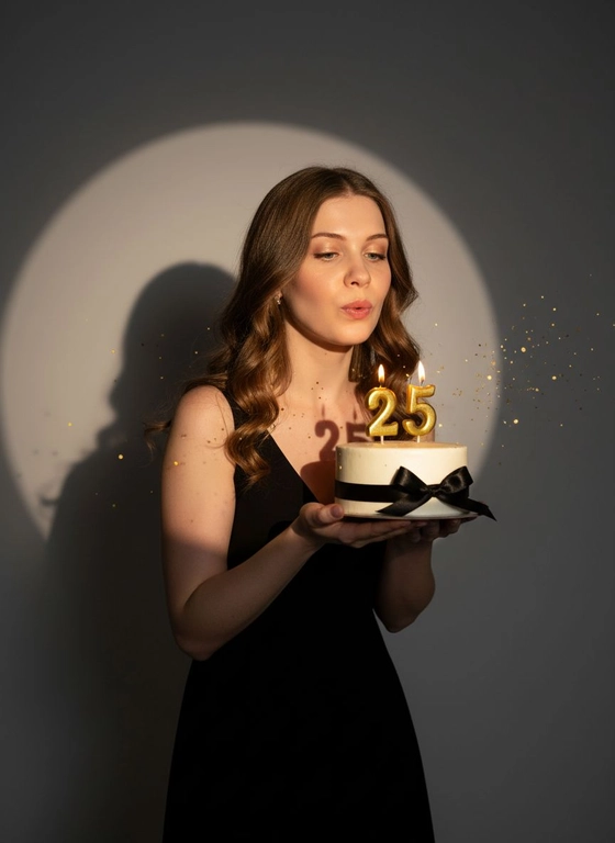 Фотореалистичный портрет женщины с точно таким же лицом, чертами, выражением и цветом волос, как на исходной фотографии - ничего не изменять. Атмосфера - день рождения: мягкий блеск свечи отражается на её лице, в воздухе лёгкие золотистые блёстки, создающие праздничное сияние. Фон темно-серый. Освещение студийное, контрастное, с кругом света на фоне, создающим выразительную тень. Волосы - волнистые, мягко подсвечены. Она немного стоит полубоком. Женщина держит в руках маленький праздничный торт, украшенным чёрными лентами и изящной цифрой из золотых свечей; Она сдувает свечу. Она одета в черное платье без рукавов. Свечки в виде цифр 25.
