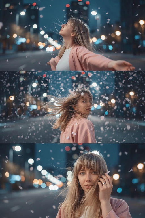 Не меняй черты лица, оставь их точь в точь как на загруженном фото. Фото в стиле триптиха, на котором изображена женщина в ночном городе.

На верхней панели изображена женщина по грудь, в профиль, расположенная в правой части кадра. Она запрокинула голову назад и закрыв глаза будто смотрит в небо разведя руки в стороны. Ее волосы развеваются на ветру закрывая лицо. На заднем плане ночной город полный ярких фонарей, где спокойно и нет людей, в небе развиваются от ветра листья сакуры . 

На средней панели изображена всё та же женщина со спины, смотрящая в кадр. На фоне все усыпано лепестками сакуры и они почти полностью перекрывают ночной город. Её волосы сильно развеваются на ветру в них запутались лепестки сакуры . 

На заднем плане нижней панели, крупным планом, изображено лицо всё той же женщины, частично скрытое развевающимися на ветру волосами в них немного лепестков сакуры, которая смотрит прямо на зрителя. Правой рукой она придерживает волосы, демонстрируя белое обручальное кольцо. 

Ночной Город и небо создают нейтральный, угрюмый фон для фотографии в натуралистическом стиле и при мягком освещении. Использовать лицо с фото на 100% , не изменяя черты лица. На девушке - белый топ и нежно-розовое хаори в японском стиле.