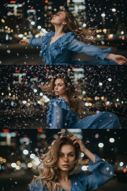 Не меняй черты лица, оставь их точь в точь как на загруженном фото. Фото в стиле триптиха, на котором изображена женщина в ночном городе.

На верхней панели изображена женщина по грудь, в профиль, расположенная в правой части кадра. Она запрокинула голову назад и закрыв глаза будто смотрит в небо разведя руки в стороны. Ее волосы развеваются на ветру закрывая лицо. На заднем плане ночной город полный ярких фонарей, где спокойно и нет людей, в небе развиваются от ветра листья сакуры . 

На средней панели изображена всё та же женщина со спины, смотрящая в кадр. На фоне все усыпано лепестками сакуры и они почти полностью перекрывают ночной город. Её волосы сильно развеваются на ветру в них запутались лепестки сакуры . 

На заднем плане нижней панели, крупным планом, изображено лицо всё той же женщины, частично скрытое развевающимися на ветру волосами в них немного лепестков сакуры, которая смотрит прямо на зрителя. Правой рукой она придерживает волосы, демонстрируя белое обручальное кольцо. 

Ночной Город и небо создают нейтральный, угрюмый фон для фотографии в натуралистическом стиле и при мягком освещении. Использовать лицо с фото на 100% , не изменяя черты лица. На девушке - воздушное шифоновое платье с оборками голубого цвета.