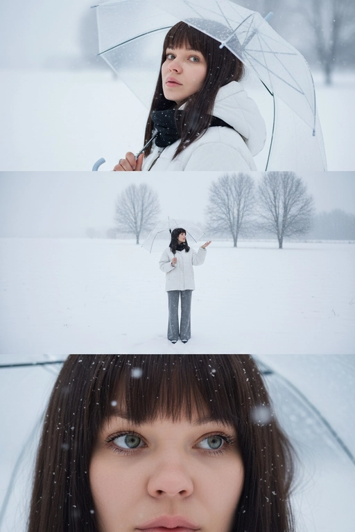 Создай вертикальный кадр, разделённый на три горизонтальных изображения одинакового размера, расположенных рядом. Главный персонаж основан на референсном лице, причёске и фигуре: фигура с выражением грусти и ностальгии, с глубокими глазами, излучающими одиночество. Наряд представляет собой свободный белый зимний пуховик, широкие брюки и чёрный шарф. Общая атмосфера утопает в белом снеге, холодная цветовая палитра навевает меланхолию и одиночество. Изображение 1 (портрет): Персонаж держит прозрачный зонт, слегка откинув голову назад и глядя прямо в кадр через плечо. Выражение лица печальное, взгляд проникновенный. Фон размыт снежной белизной. Изображение 2 (в полный рост): Персонаж с зонтом стоит один на бескрайнем заснеженном поле, идя и глядя в небо. Камера направлена ​​сверху вниз, как будто персонаж поднимает руку, чтобы поймать падающие снежинки. Вдали виднеются несколько голых деревьев без листьев. Сцена передаёт ощущение ничтожности и изолированности на фоне бескрайности природы. Изображение 3 (крупный план): Увеличенный кадр глаз персонажа с отстранённым, печальным взглядом, вызывающим чувство одиночества и тоски.