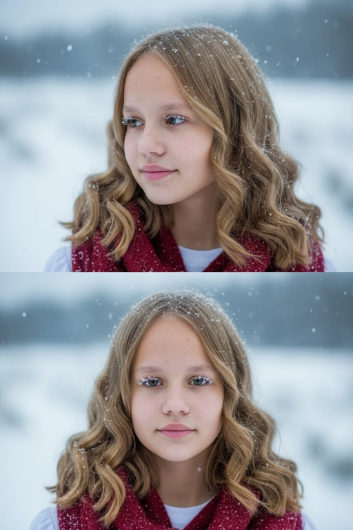 Создай коллаж из двух кадров человека, снятых крупным планом на улице зимой. Камера расположена близко, чтобы в кадре были видны лицо, шея и часть одежды. Главный акцент — на лице, глазах и снежинках, которые легли на волосы и ресницы.

Освещение мягкое, естественное, как в пасмурный зимний день. Вокруг падает лёгкий снег, отдельные снежинки чётко видны в воздухе и на коже. Фон — мягко размытый, с холодными оттенками (бело-голубой, серо-синий).

Первый кадр — человек смотрит в сторону, выражение мягкое, задумчивое, естественное. Крупный план лица, видно часть красного шарфа.
Второй кадр — прямой взгляд в камеру, нейтральное или лёгкое выражение лица, ресницы в снегу. Крупный план лица, видно часть красного шарфа.

Кожа чистая и естественная, без ретуши, текстура лица и губ сохранена. Фото выглядят как профессиональная зимняя портретная съёмка крупным планом, с эффектом свежести и спокойствия.

Оба кадра объединены в вертикальный коллаж в едином тоне и свете. Атмосфера — реалистичная, теплая и немного кинематографичная.