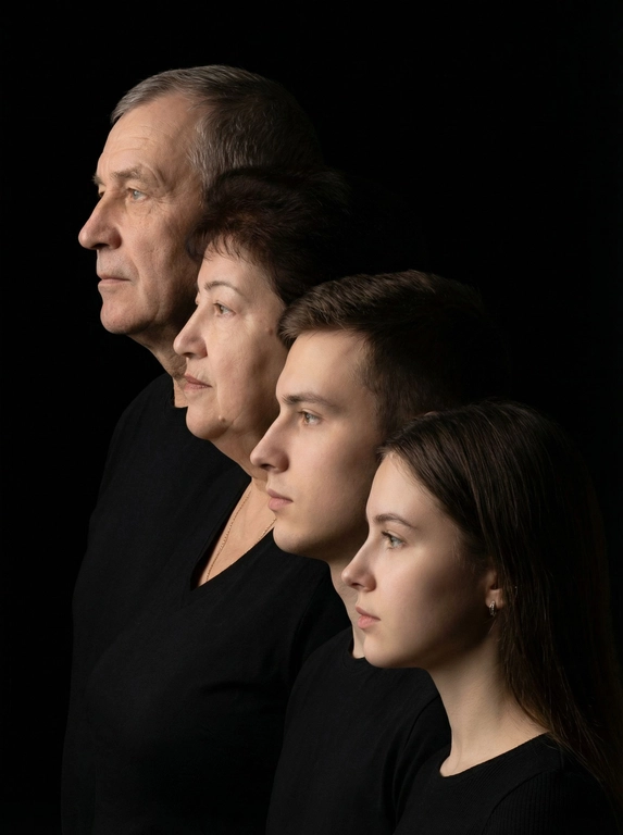 Профессиональный студийный портрет с низким контрастным светом. Головы расположены строго в одну линию, каскадом. боковой профиль, взгляд влево. У всех видны только головы и немного плечи. Черный фон. Черная одежда у всех. Люди занимают весь кадр. 4 человека. Порядок слева на право: отец-> мать-> сын-> дочь.