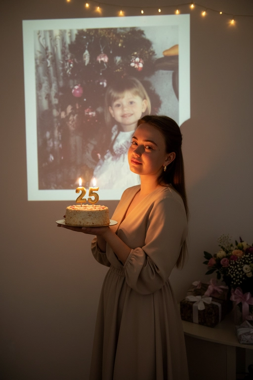 Создай ультрареалистичное фото, сделанное на камеру телефона в комнате, где изображен человек, который держит бенто торт с горящими золотыми свечами. В качестве фона на однотонную стену проецируется фотография из детства. Спроецированное фото занимает большую часть фона. Сочетание образов взрослого человека и ребёнка на фоне создаёт тёплую, ностальгическую атмосферу, подчеркивая связь между прошлым и настоящим. На стене висят гирлянды, рядом со стеной виднеются подарки и букет цветов. Снимок выглядит очень стильным и продуманным, присутствует ощущение праздника и воспоминаний. Не меняй внешность, полностью сохрани черты лица. Свечи на торте в форме числа 25. Женщина одета в бежевое платье. В ушах нет наушников. В ушах красивые серьги. 
Черты лица не менять 
Девушка стоит в пол-оборота 