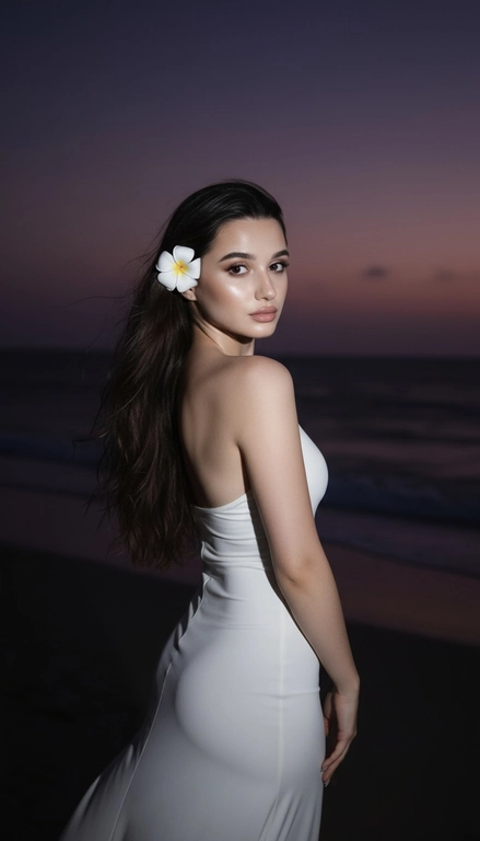 Сделай фото, будто я на пляже, где темно, но кто-то сфотографировал меня со вспышкой, и мое лицо немного блестит и светится, заднем плане закат, как будто солнце село на 98%, оставив фиолетовый оттенок, и само по себе почти темно. Фото сделано из-за моей спины, как будто  мне сказали, повернуться. Я в белом облегающем платье с цветком, заправленным в волосы. Волосы должны развеваться так, как будто дует слегка ветер.