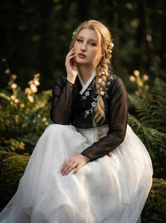   Ultra realistic cinematic close-up portrait of a beautiful Joseon-era courtesan in a modernized hanbok, keep the original face 100% exactly as reference, DSLR quality, Canon EOS R5, 85mm lens, f1.2, hyper-detailed photorealistic textures, dreamy cinematic lens blur
Hanbok: black chiffon jeogori embroidered with delicate silver floral patterns, slightly sheer to enhance allure, paired with a voluminous white chiffon skirt (chima), flowing elegantly but sensual in presence.
Pose: woman seated in a secret garden within a deep forest, one leg bent, arm resting gracefully across her knee, other hand lightly brushing her cheek or lips. Posture relaxed yet deliberate, exuding elegance mixed with seduction. Head tilted softly, gaze alluring, lips slightly parted, expression confident yet playful, embodying a courtesan’s charm.
Hair: low loose braid in Joseon style, made voluminous and slightly messy for natural sensuality. Strands framing her face, adorned with small white flowers and golden ornaments, adding a decadent yet refined touch.
Makeup: bold and striking in traditional Joseon courtesan style — pale porcelain skin, strong flushed red blush across the cheeks, dramatic eyeliner with elongated wings, dark arched brows, shimmering red eyeshadow, long thick lashes. Lips painted in deep crimson red gradient, glossy and sensual. Overall look glamorous, seductive, and commanding.
Background: secluded dark forest garden, flowers scattered like glowing embers, vines and moss trailing around. Dim golden and bluish silver light pierces through trees, casting mysterious shadows, blending beauty and danger.
Lighting: moody, dramatic, with strong contrast. Highlights accentuate her face and hanbok details, shadows add depth and allure. Creates an atmosphere of secret intimacy, mysterious and intoxicating.
Lens effect: cinematic shallow depth of field, dreamy haze with subtle glow, ultra realistic 8k rendering. Mood: dark fairytale, courtesan fantasy, sensual Joseon dynasty elegance mixed with gothic mystery.