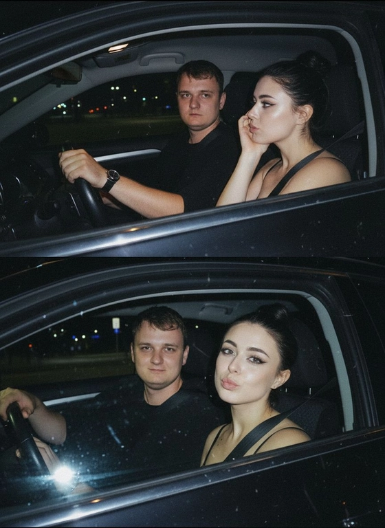 Используй предоставленные изображения и создай коллаж из двух фото, одно под другим. Первое фото сверху: Ночное фото в салоне автомобиля: мужчина за рулем смотрит вперед, его рука с часами на руке. Женщина на пассажирском сиденье, слушает его подперев щеку рукой. Съемка в стиле папарацци с эффектом зернистой пленки, атмосфера интимная. Второе фото: Девушка и парень смотрят в камеру Ночное фото папарацци крупным планом: мужчина за рулём и женщина на пассажирском сиденье смотрят в камеру. Женщина с ухмылкой и губами бантиком, мужчина слегка улыбается, положив руку на руль. Съёмка через пассажирское окно, сочетание ночного света и вспышки, эффект зернистой плёнки.