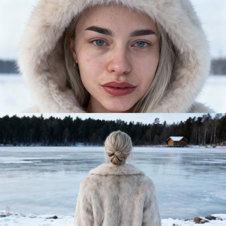 Создай коллаж не меняя черты лица. Верхний кадр (Крупный план лица в капюшоне): Детальный, крупный, чувственный портрет молодой женщины, снятый с очень близкого расстояния. Мое лицо обрамлено меховым  капюшоном светлого цвета. Фон зимний. У меня натуральный, свежий макияж (румянец, блеск для губ). Выражение лица, спокойное, взгляд в камеру. Стиль: кинематографическое качество, глянцевая фэшн-фотография, гиперреализм, мягкое, естественное, зимнее освещение. Нижний кадр (Спиной к озеру): Я в светлой меховой шубе, стою спиной к камере. У меня собраны волосы в небрежный пучок, снизу. я стою на краю, покрытого льдом озера. на горизонте видно несколько темных деревьев и небольшой деревянный домик. Стиль: портрет по пояс, пейзажная фотография, зимний романтизм, кинематографический кадр, естественное дневное освещение. Профессиональная студийная/журнальная съемка, идеальный свет, качество 8К.